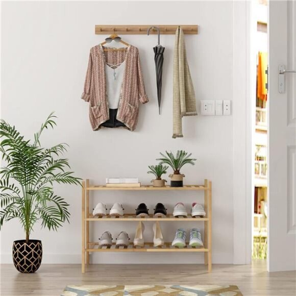3 Tier Bamboo Shoe Rack Stackable Entryway Closet Organizer Shelf Small - Picture 2 of 7
